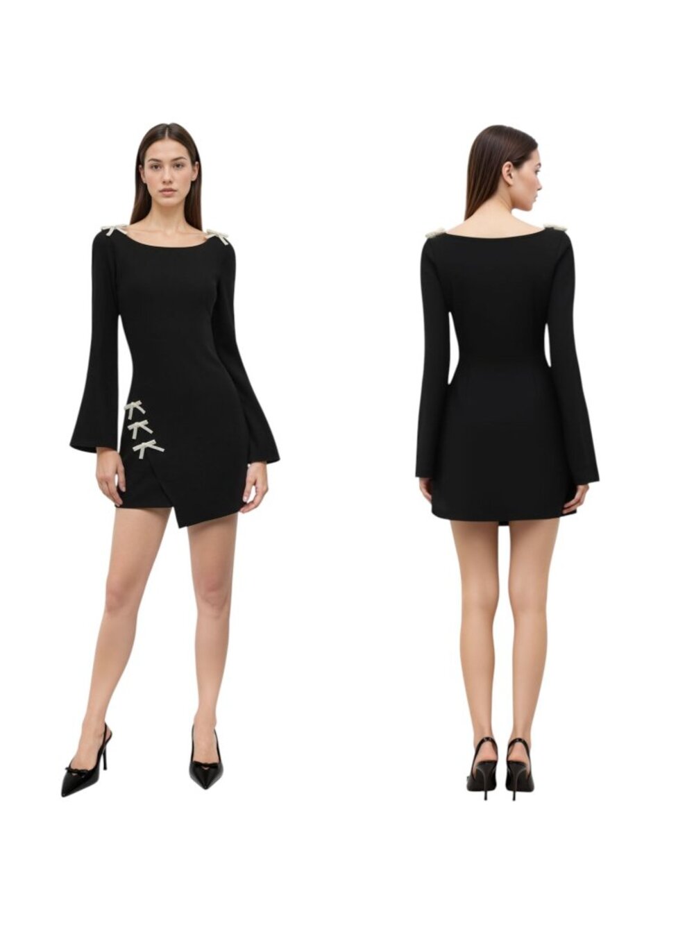 Cider Black Mini Dress‎ Rhinestone Bow Detail Size L NEW Coquette Balletcore LBD